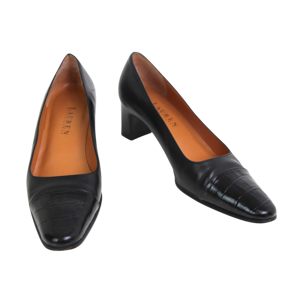Lauren Ralph Lauren BLACK GENUINE LEATHER MID HEEL CLASSIC PUMP SHOES Sz 7 1/2 B